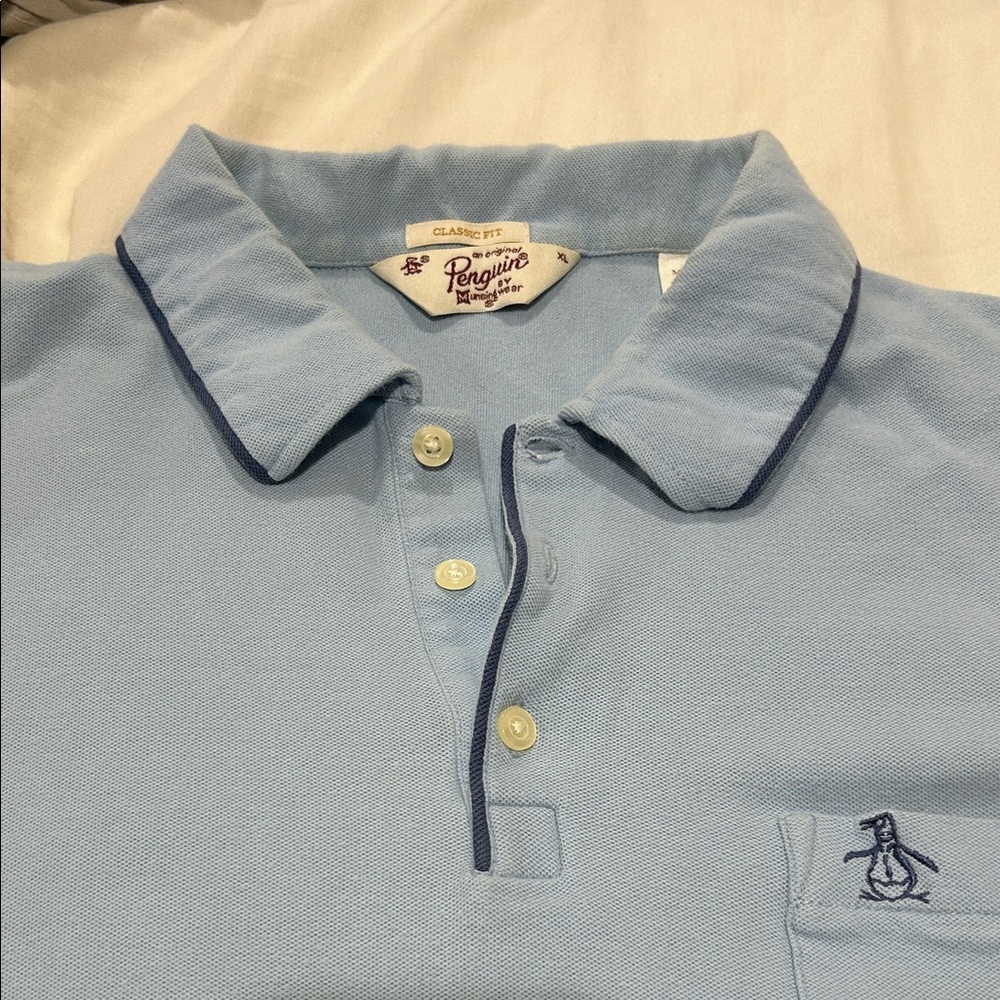 Light Blue Penguin Polo Shirt with Navy piping